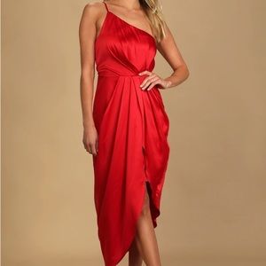 Red Satin One-Shoulder Asymmetrical Midi Dress